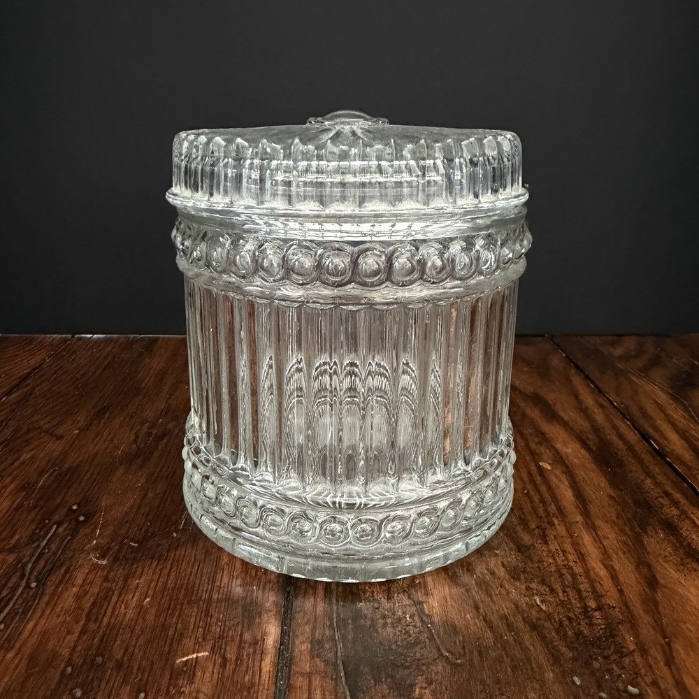 Vintage 1981 Amway Three Faces Glass Biscuit Jar Reeded Glass Vanity